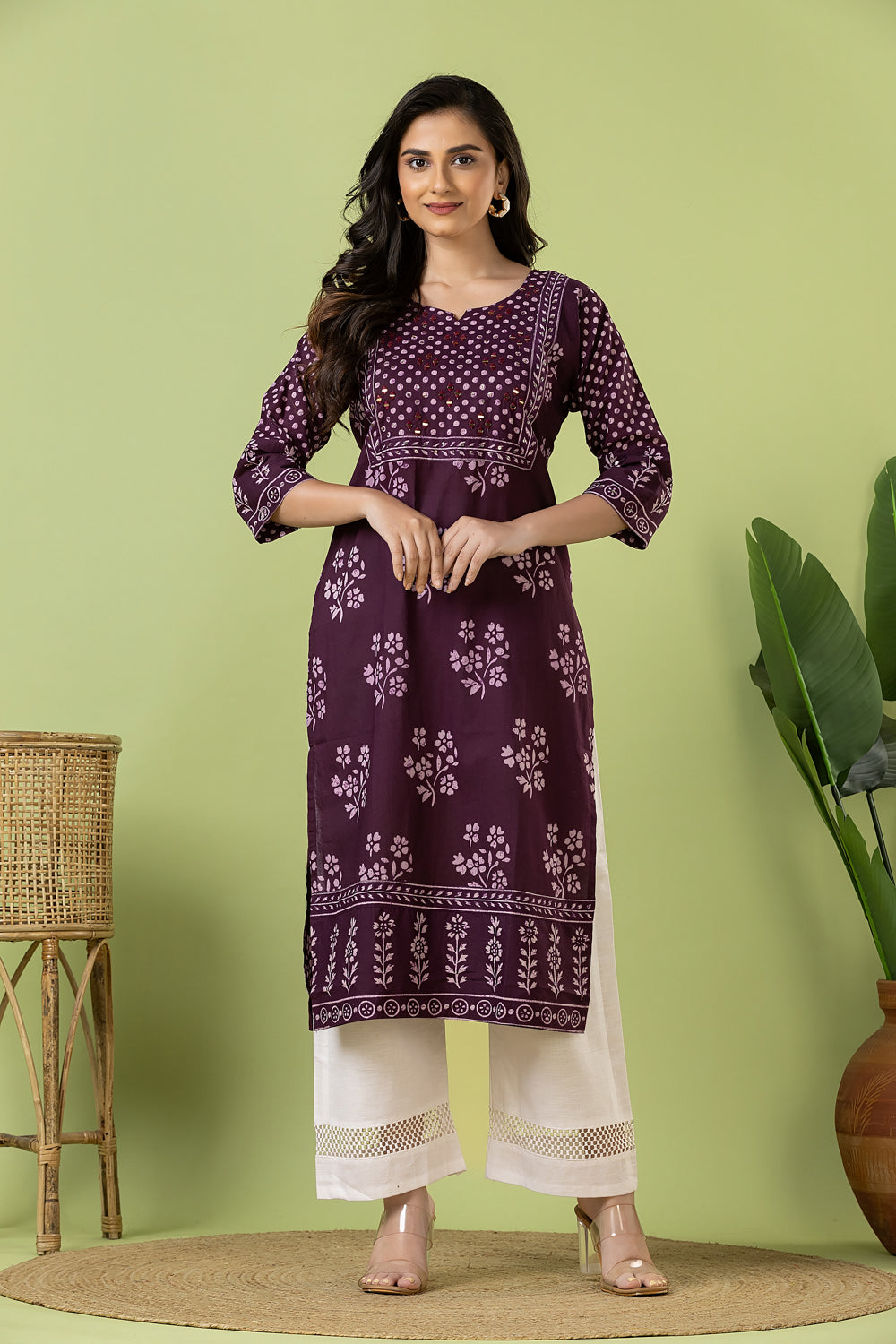 Purple Floral Print Hand Embroidered Kurta