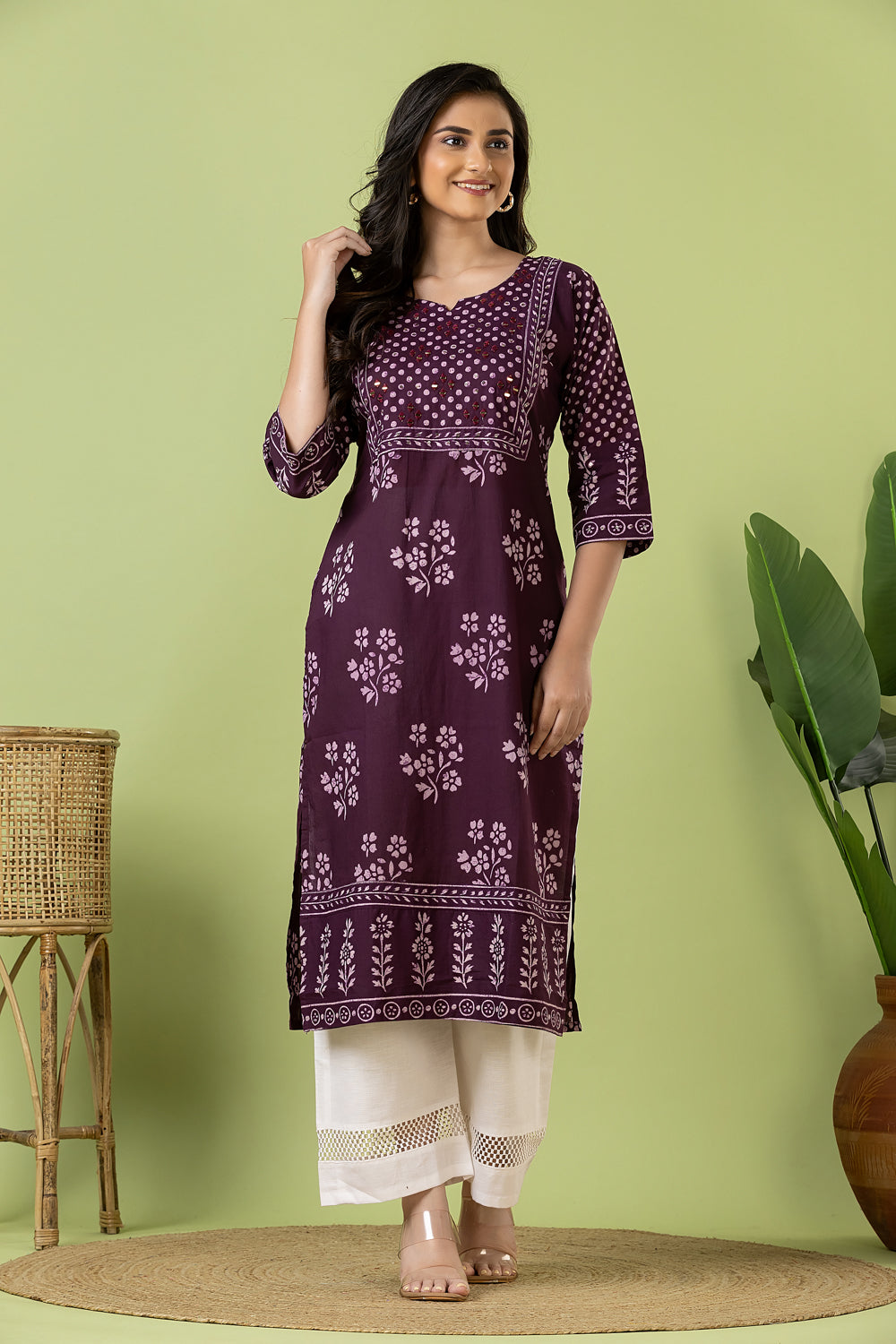 Purple Floral Print Hand Embroidered Kurta
