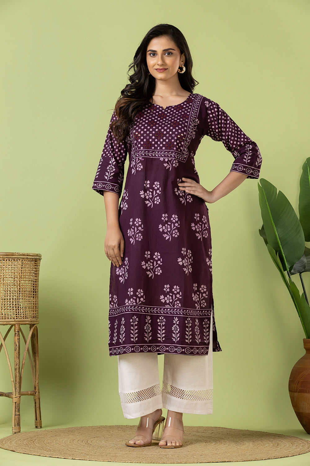 Purple Floral Print Hand Embroidered Kurta