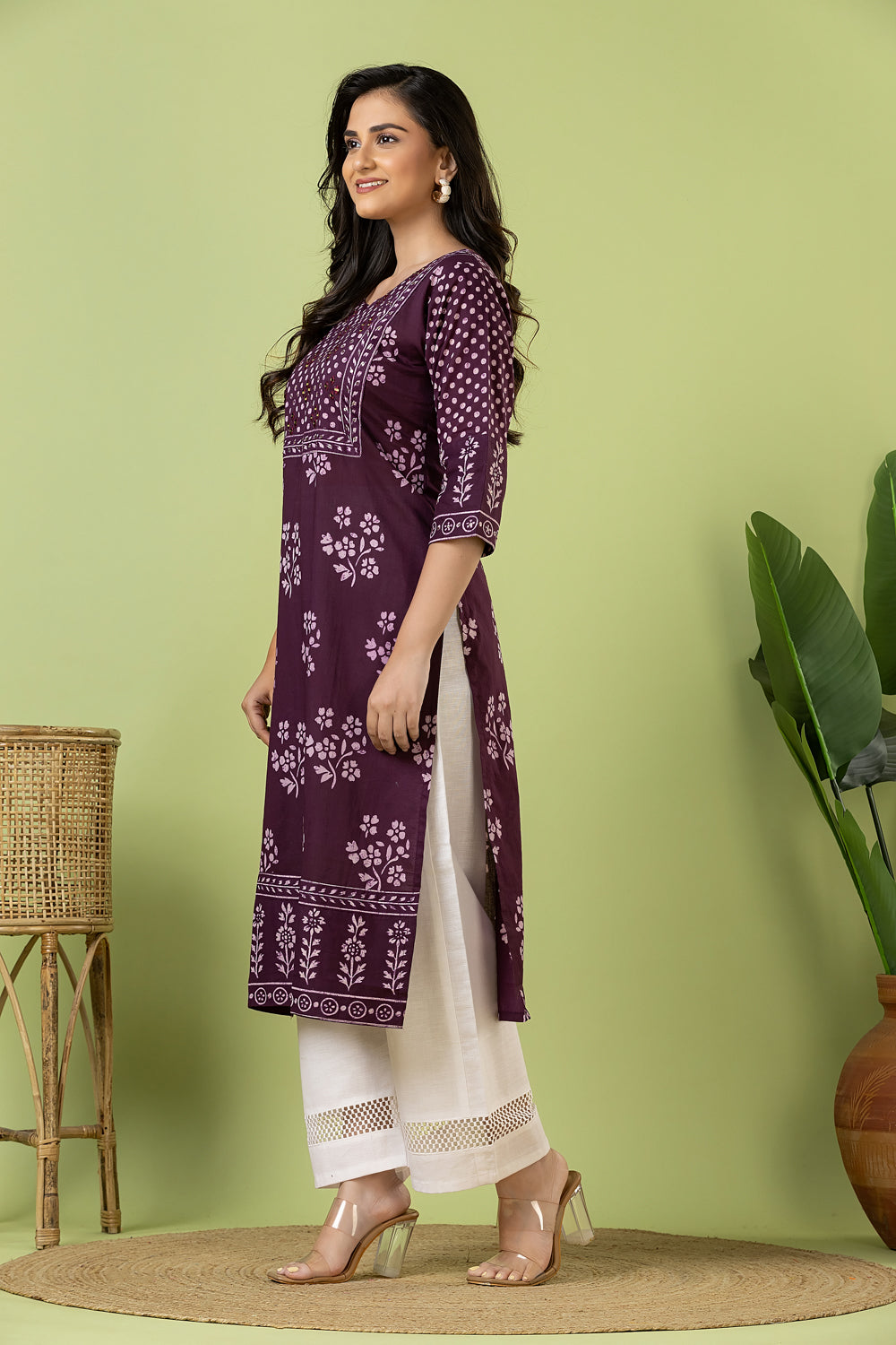 Purple Floral Print Hand Embroidered Kurta
