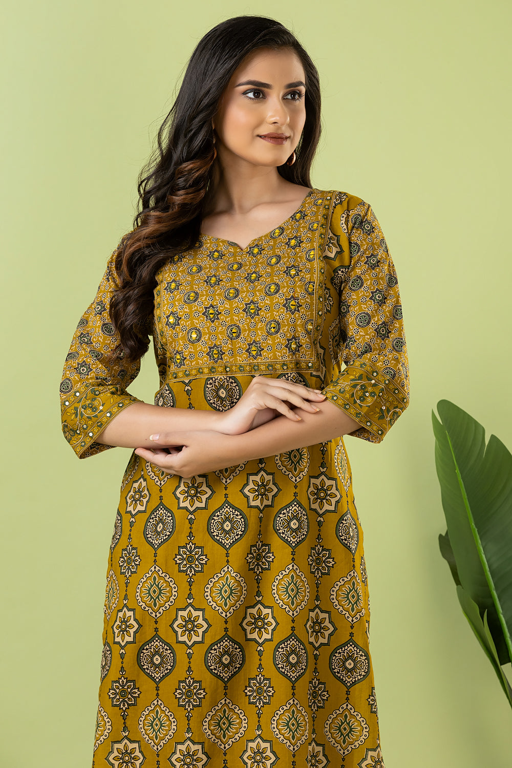 Mustard Yellow Ajrakh Print Hand Embroidered Kurta
