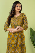 Mustard Yellow Ajrakh Print Hand Embroidered Kurta