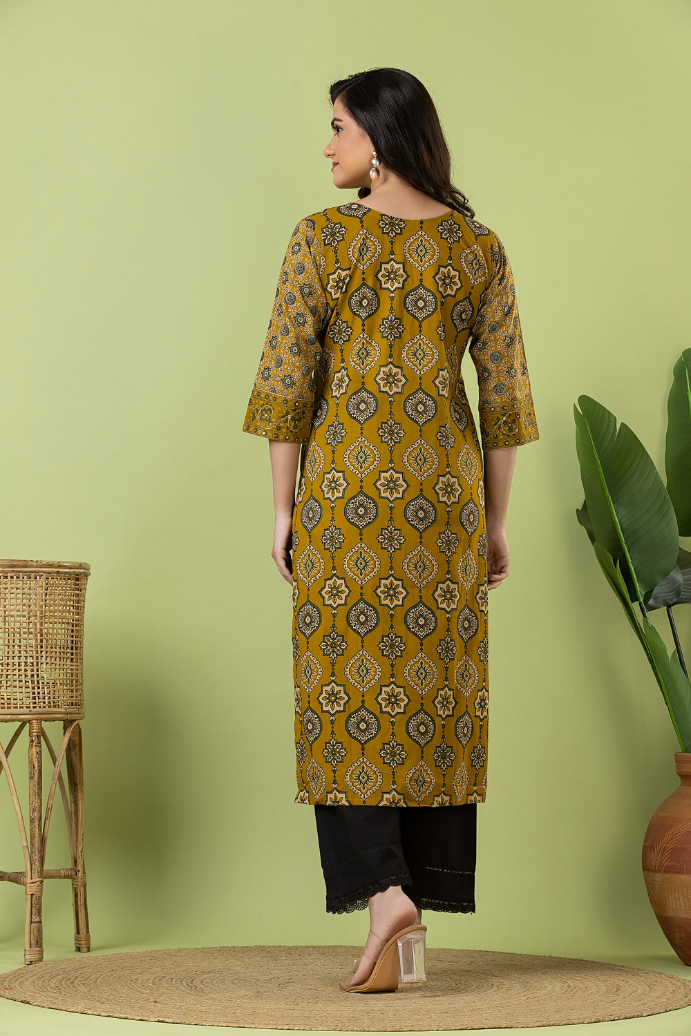 Mustard Yellow Ajrakh Print Hand Embroidered Kurta