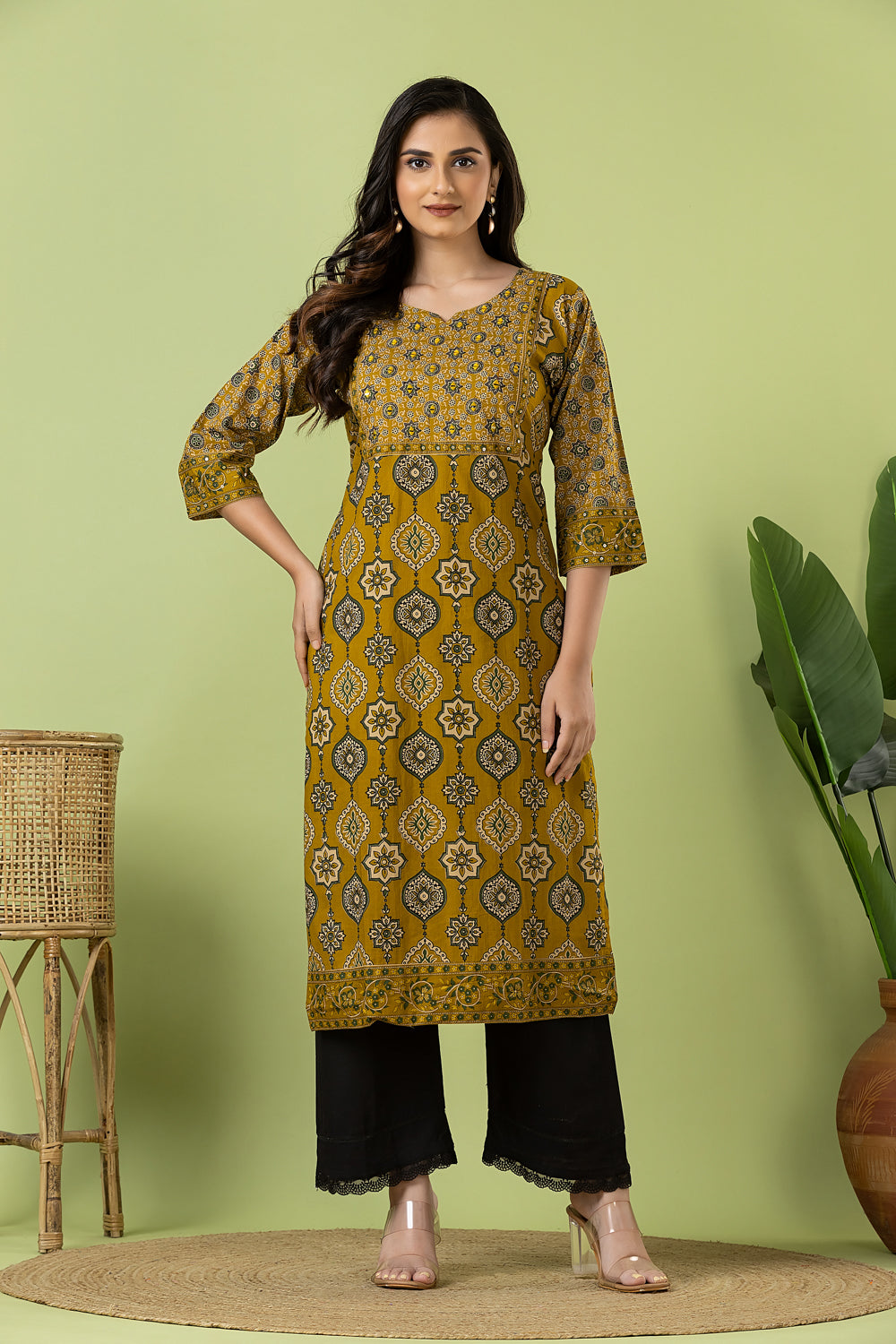 Mustard Yellow Ajrakh Print Hand Embroidered Kurta