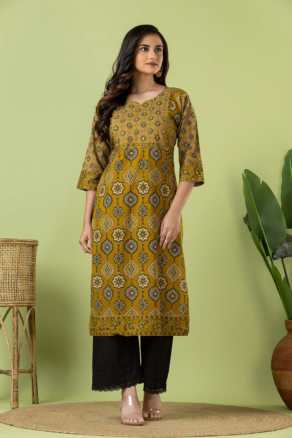 Mustard Yellow Ajrakh Print Hand Embroidered Kurta