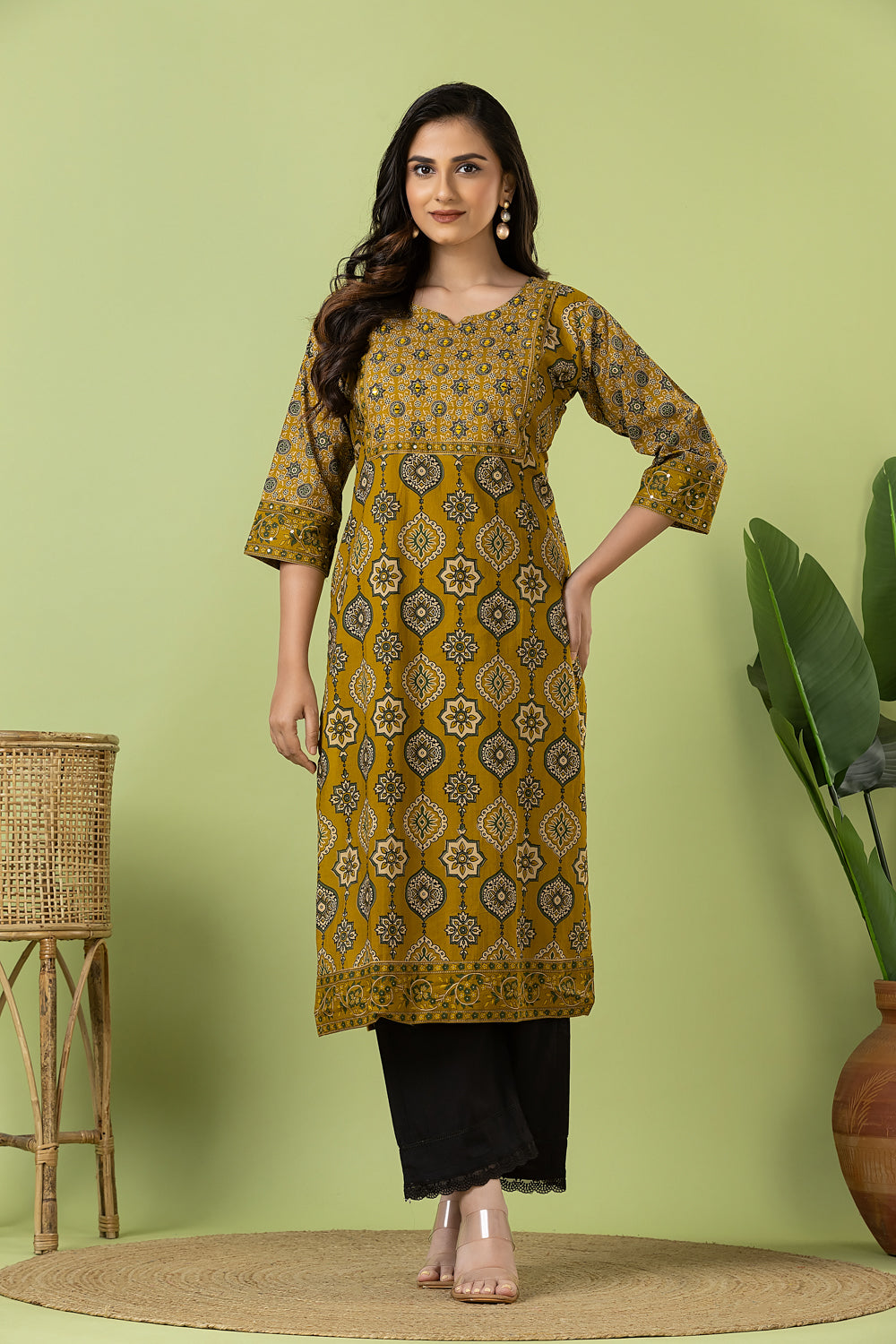 Mustard Yellow Ajrakh Print Hand Embroidered Kurta