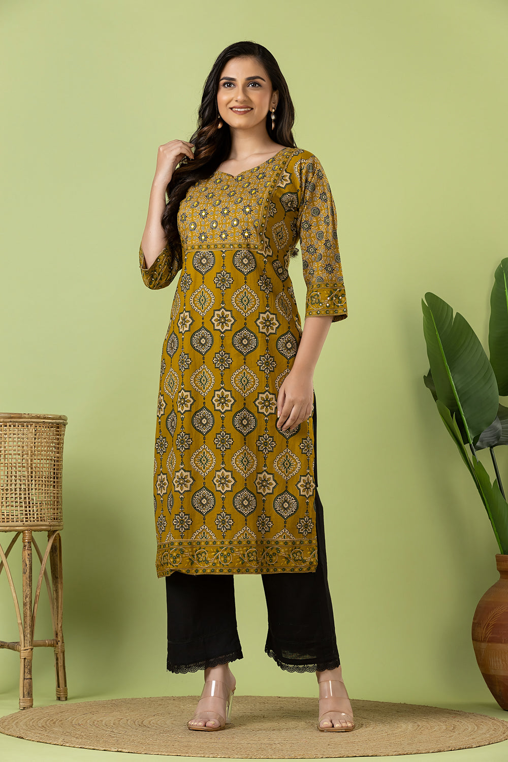 Mustard Yellow Ajrakh Print Hand Embroidered Kurta