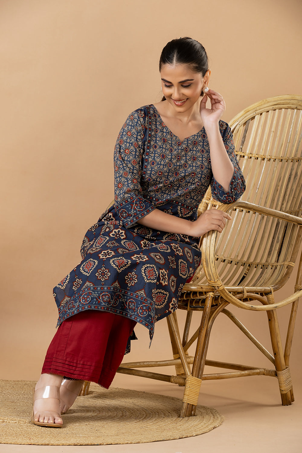 Navy Blue Ajrakh Print Hand Embroidered Kurta