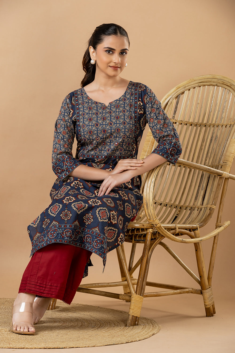 Navy Blue Ajrakh Print Hand Embroidered Kurta