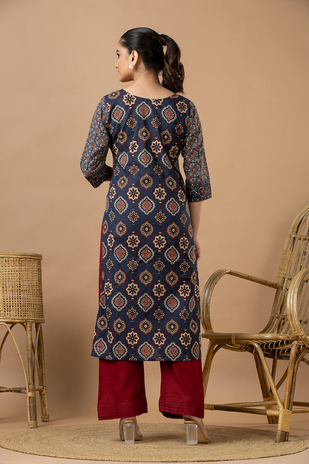 Navy Blue Ajrakh Print Hand Embroidered Kurta