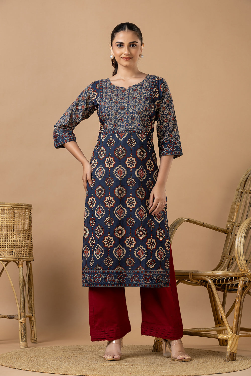 Navy Blue Ajrakh Print Hand Embroidered Kurta