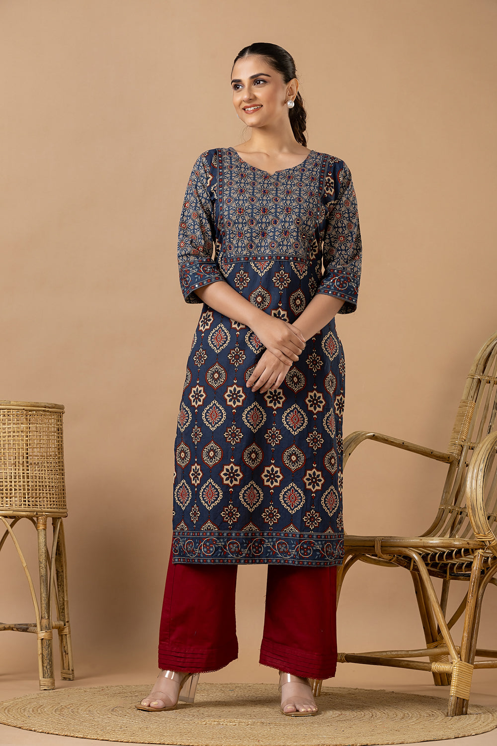 Navy Blue Ajrakh Print Hand Embroidered Kurta