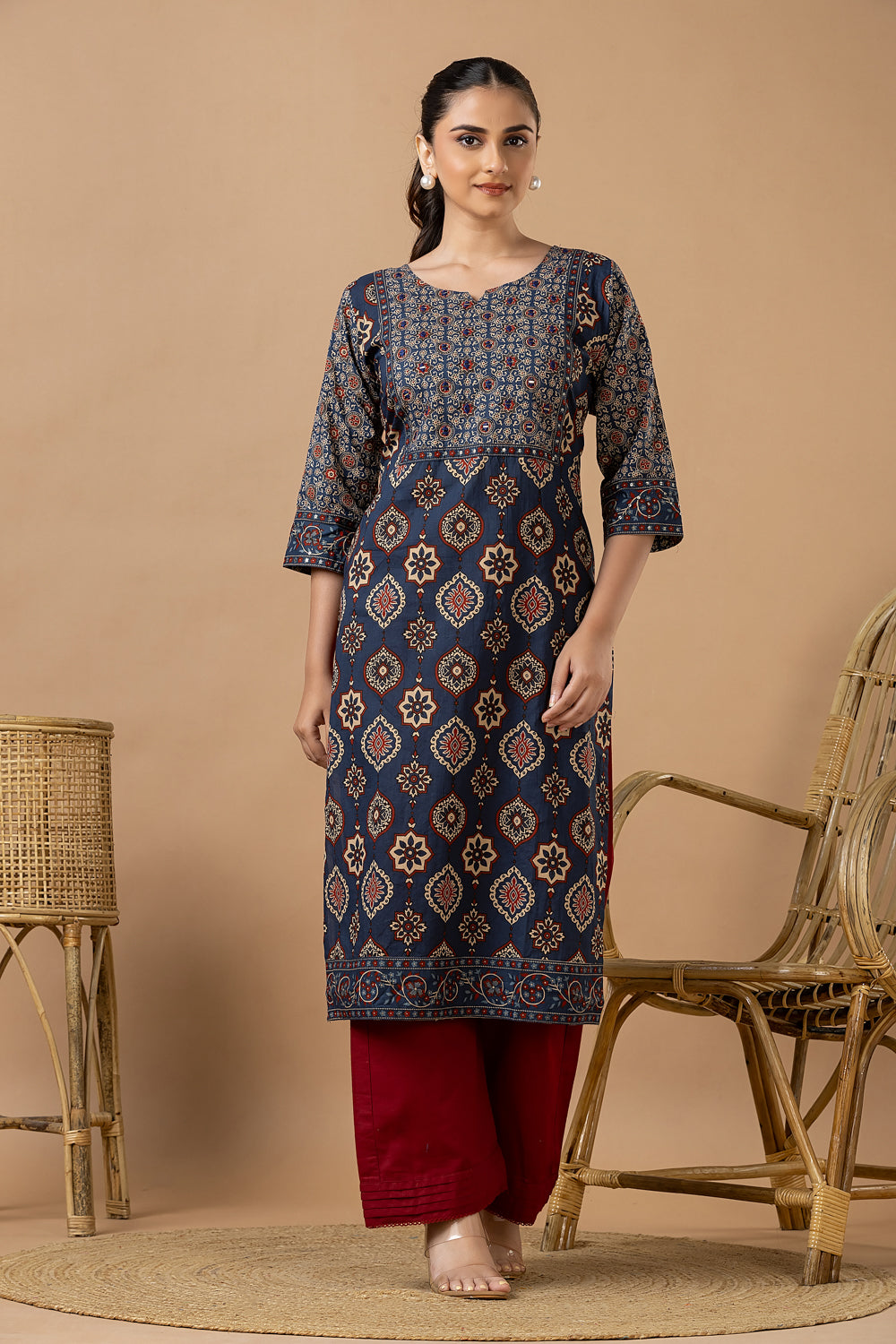 Navy Blue Ajrakh Print Hand Embroidered Kurta