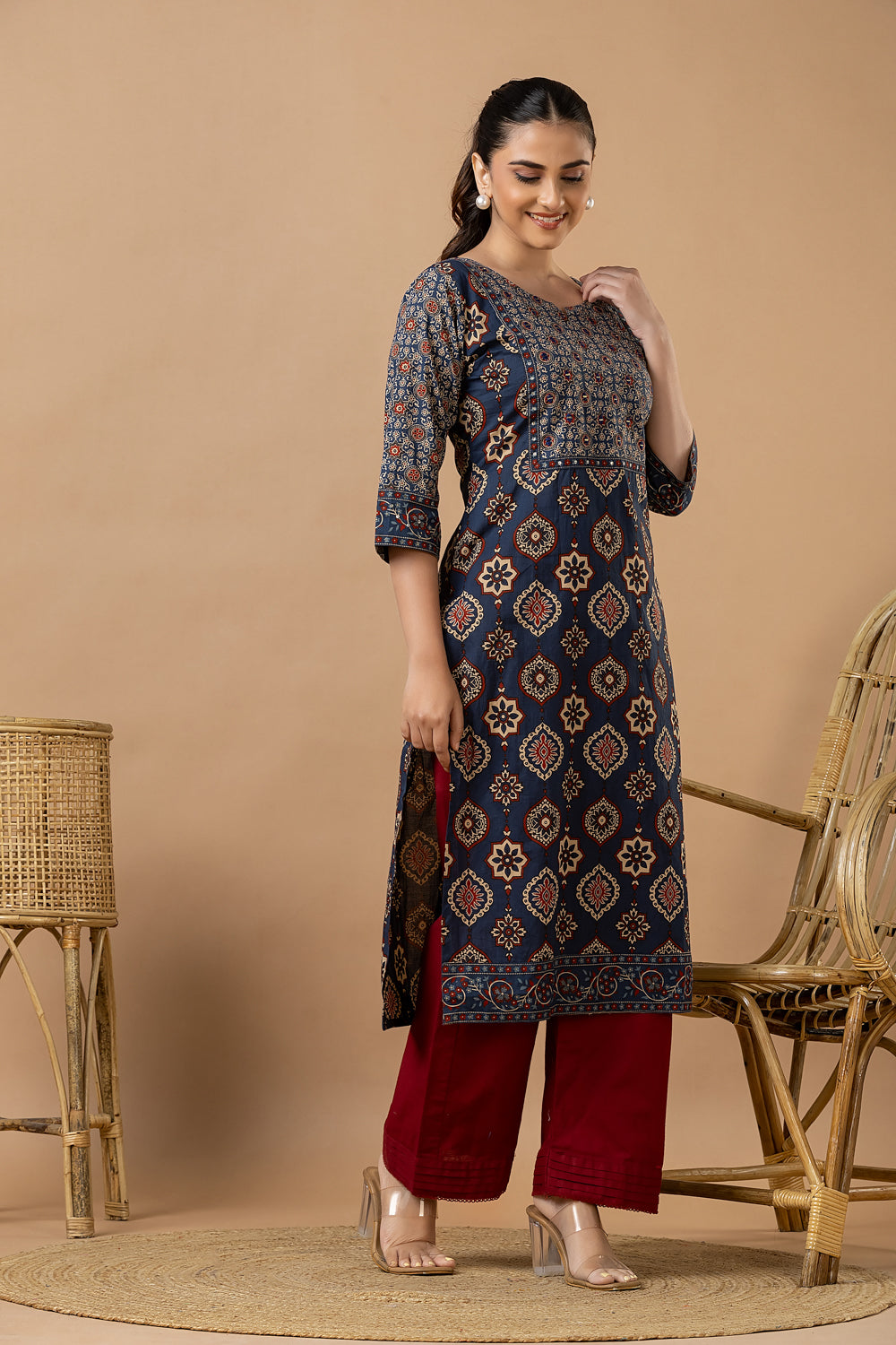 Navy Blue Ajrakh Print Hand Embroidered Kurta