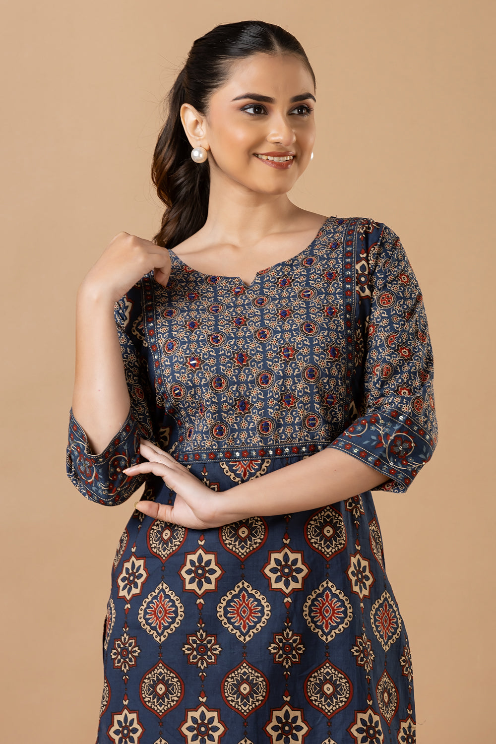 Navy Blue Ajrakh Print Hand Embroidered Kurta