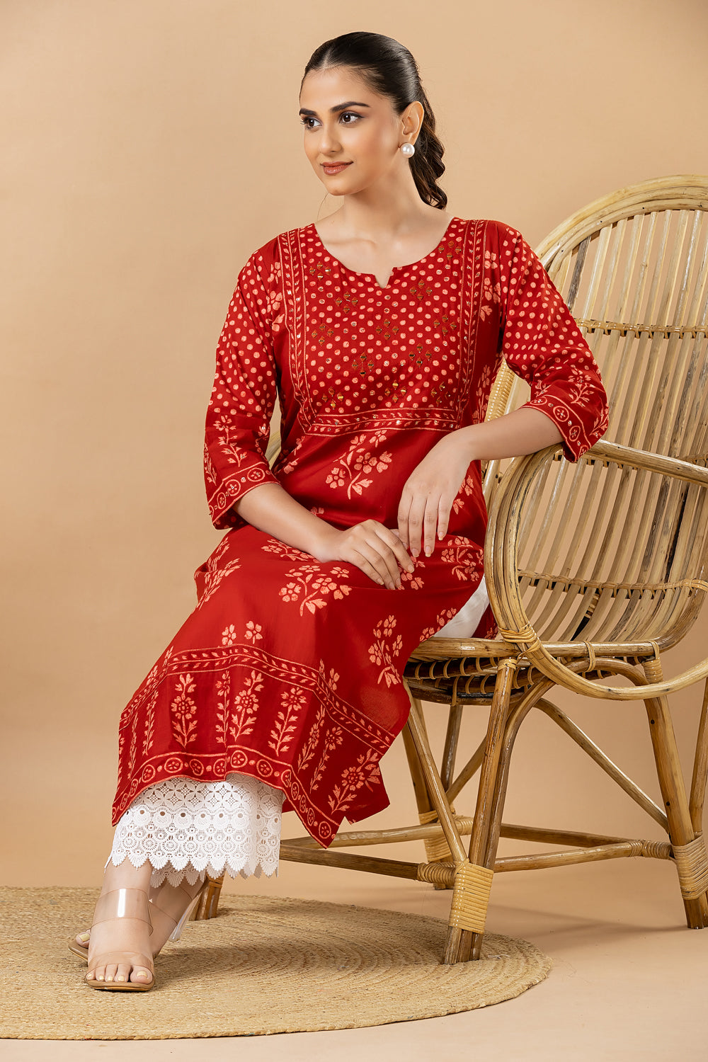 Red Floral Print Hand Embroidered Kurta