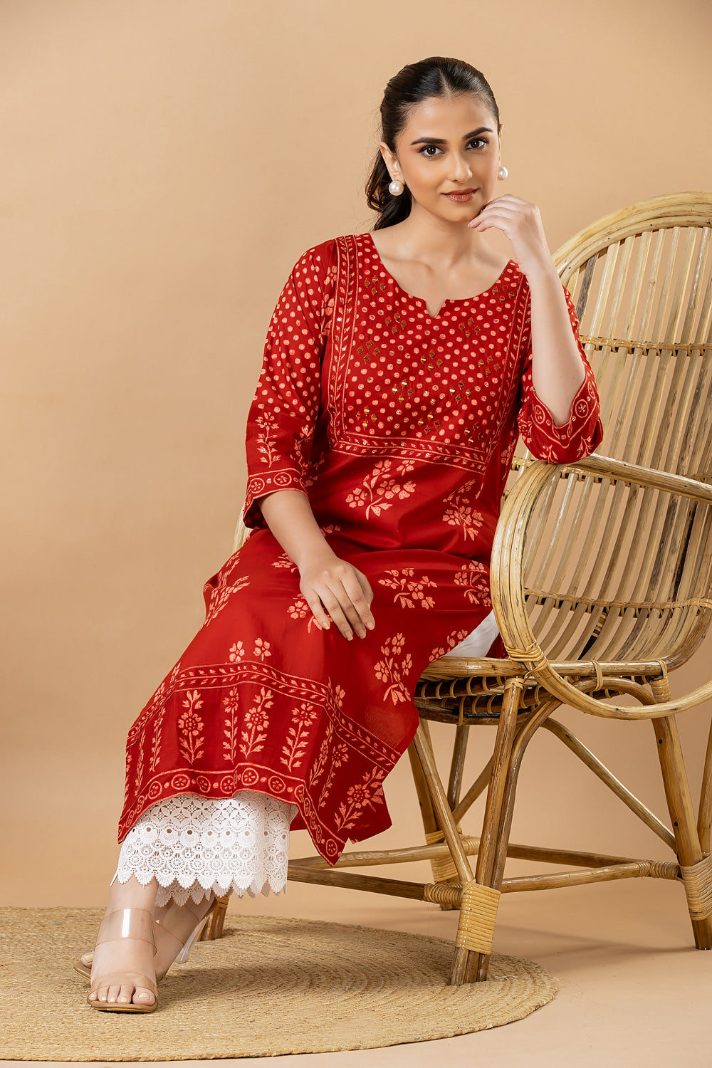 Red Floral Print Hand Embroidered Kurta