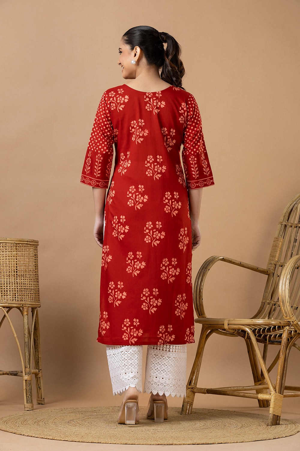 Red Floral Print Hand Embroidered Kurta