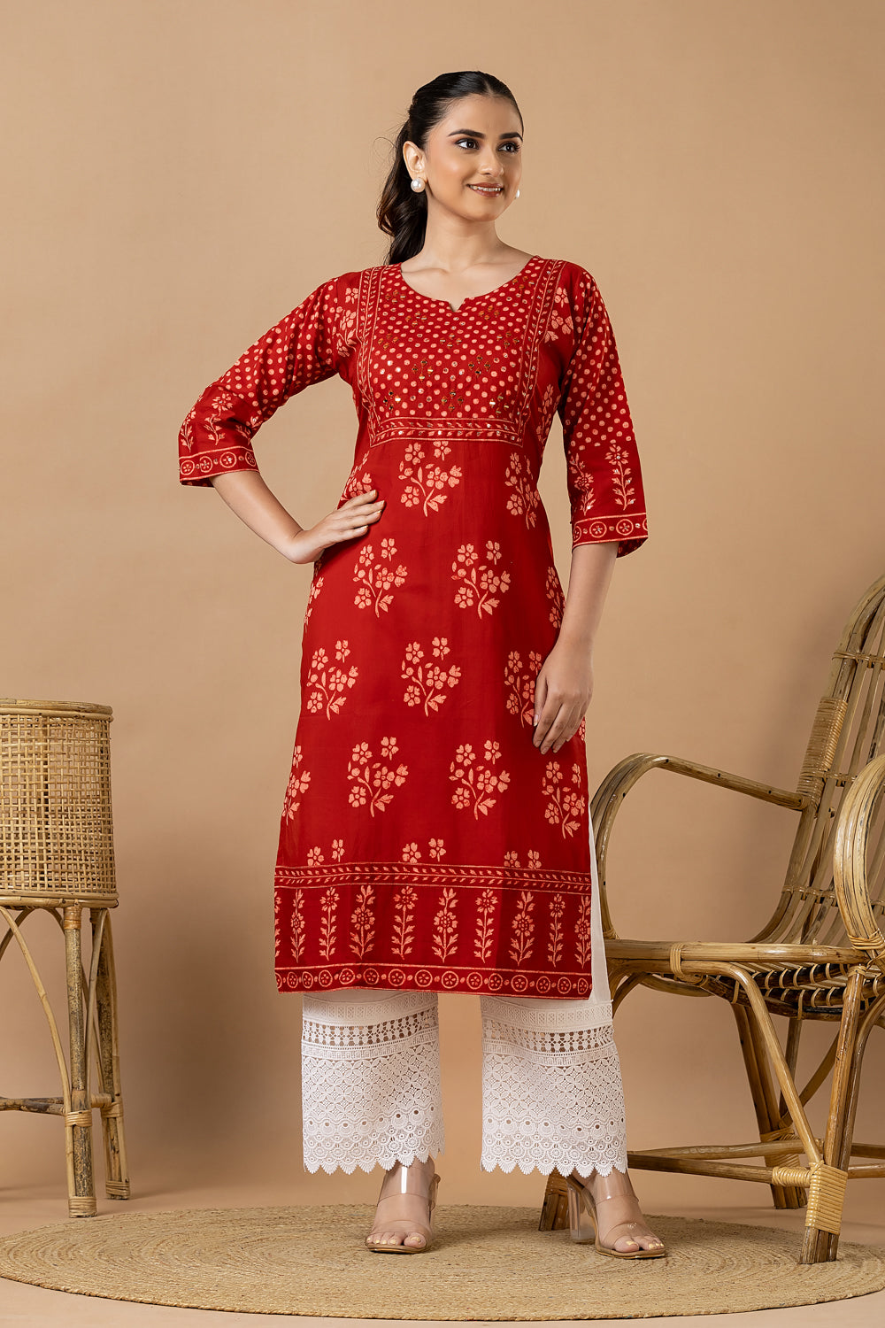 Red Floral Print Hand Embroidered Kurta