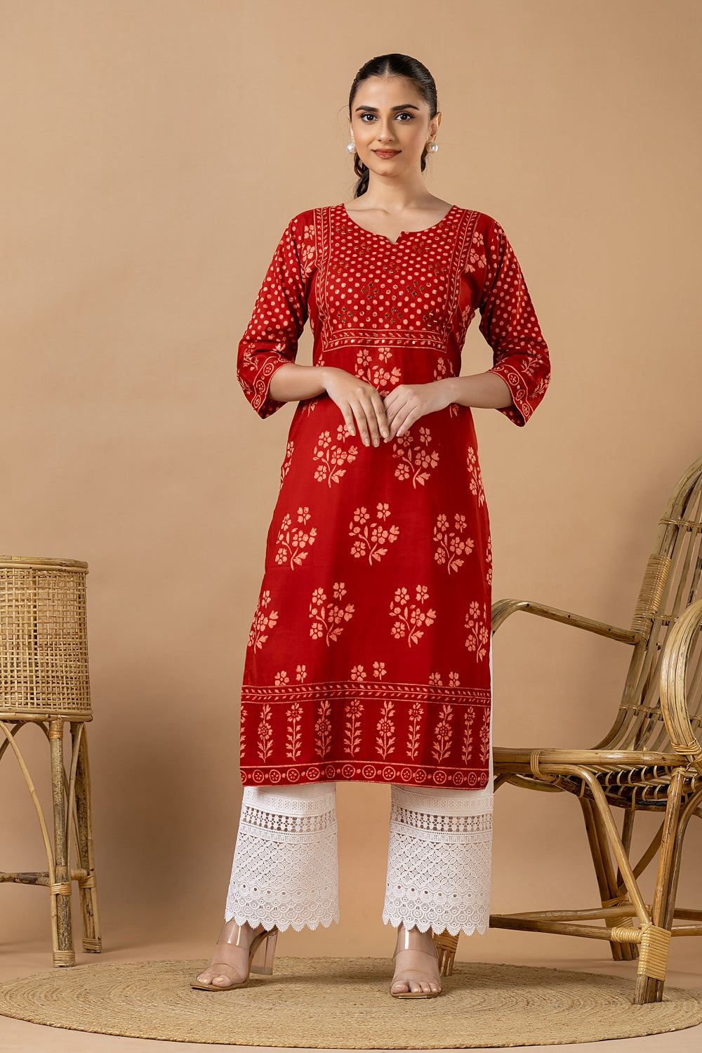 Red Floral Print Hand Embroidered Kurta