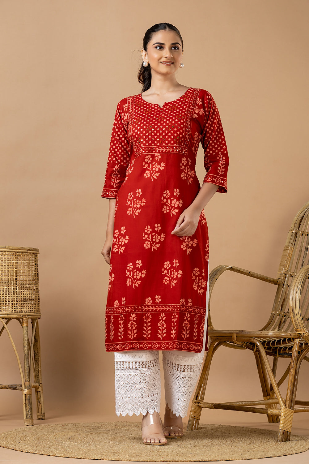 Red Floral Print Hand Embroidered Kurta