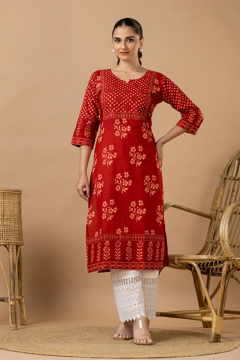 Red Floral Print Hand Embroidered Kurta