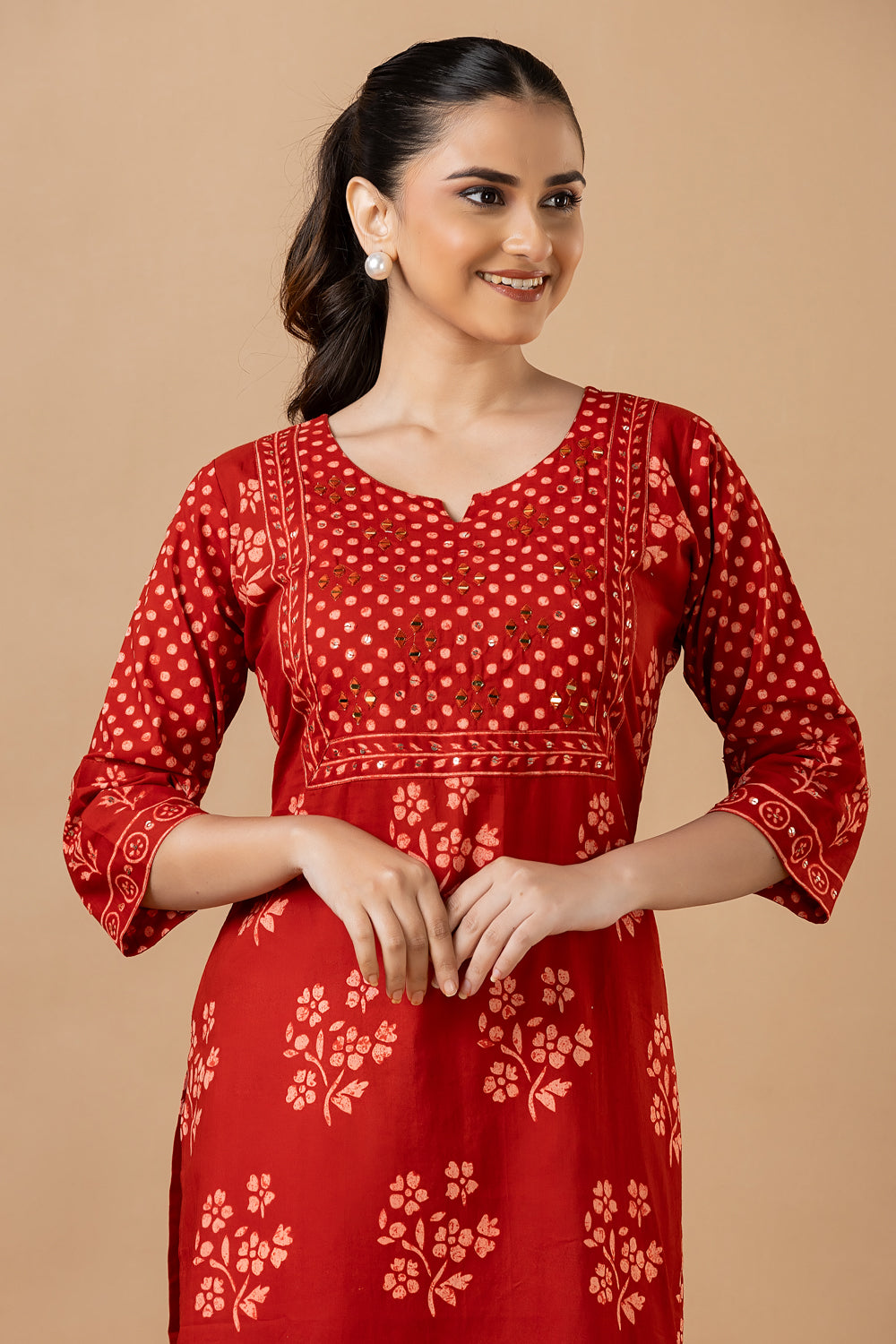 Red Floral Print Hand Embroidered Kurta