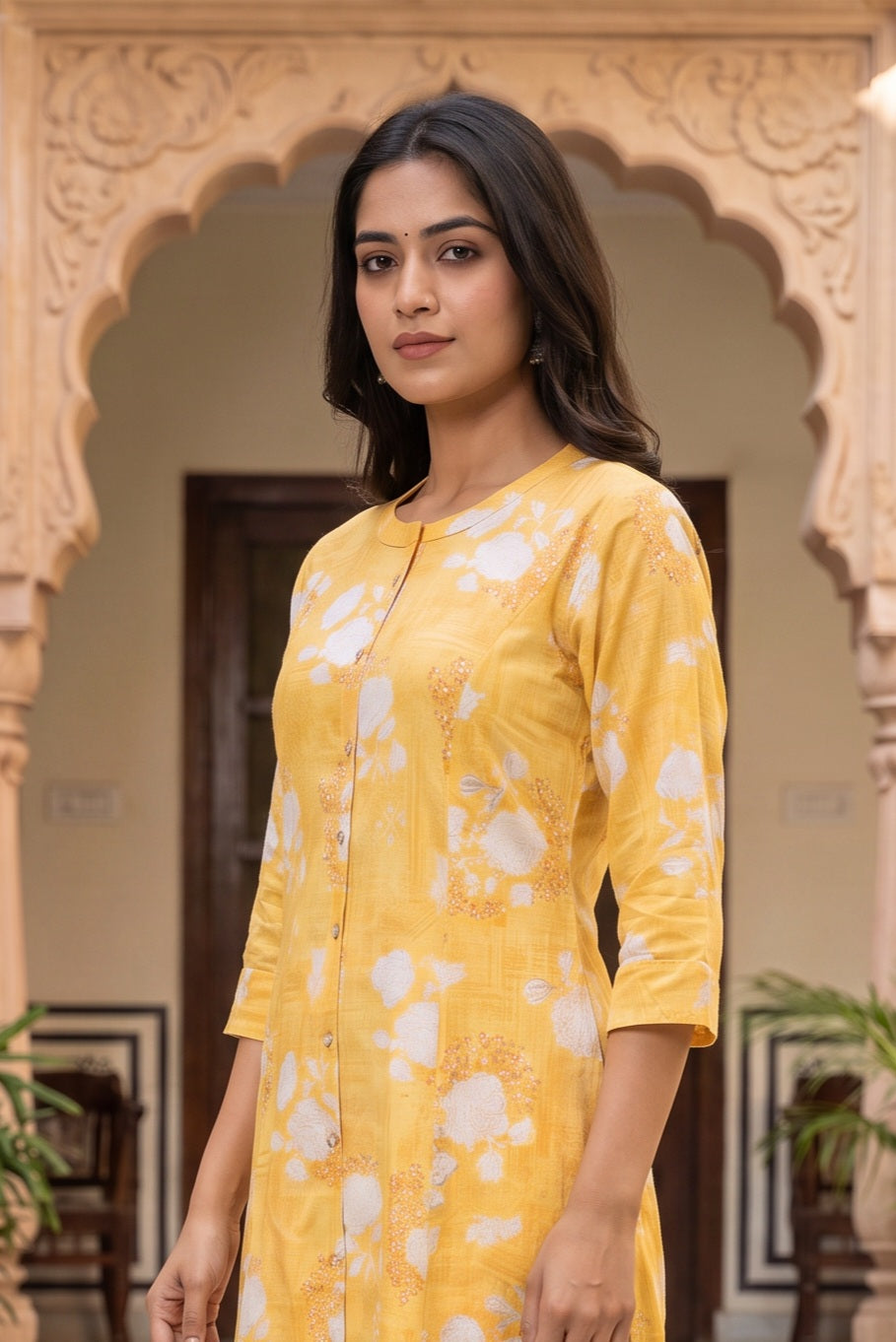 Yellow Floral Print A-Line Kurta