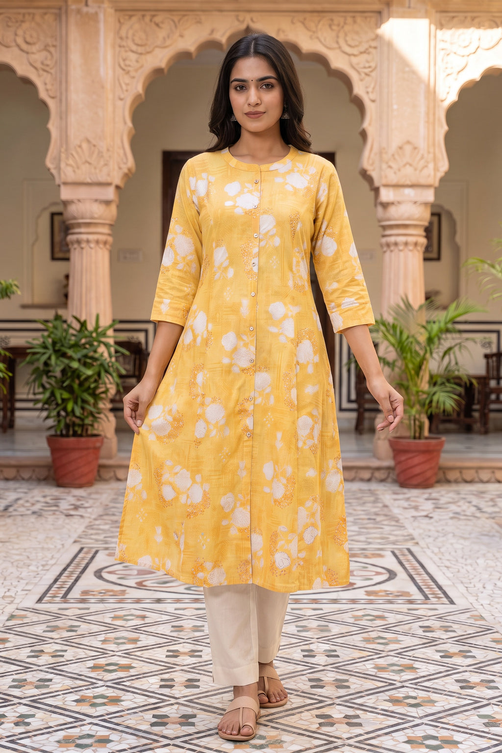 Yellow Floral Print A-Line Kurta
