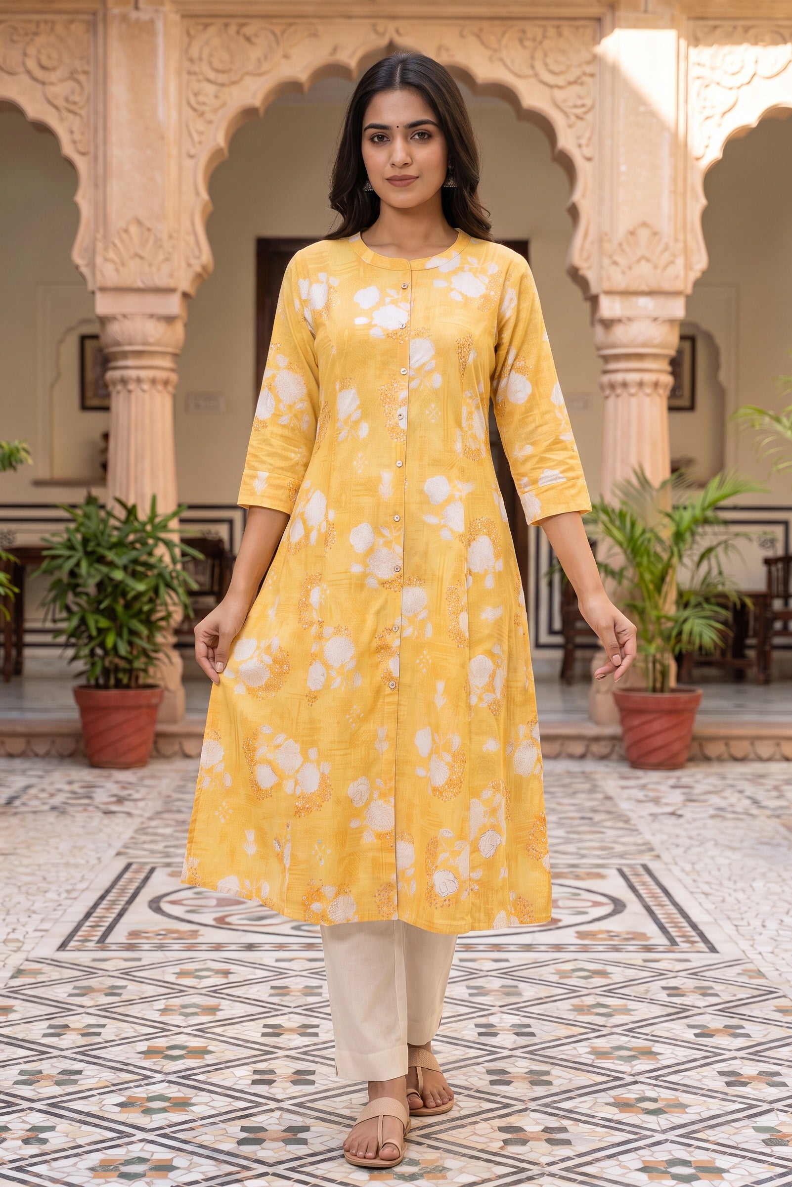 Yellow Floral Print A-Line Kurta