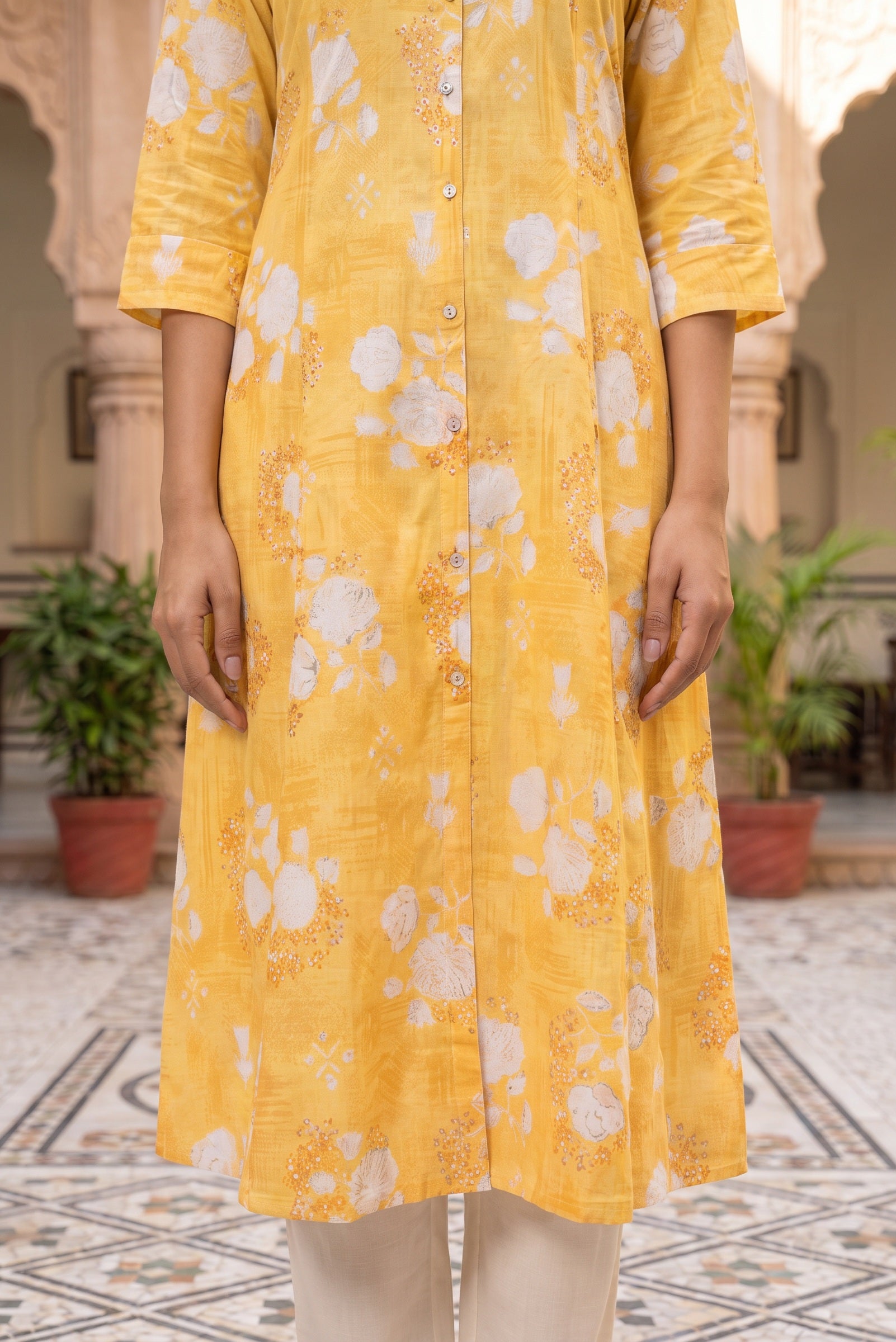 Yellow Floral Print A-Line Kurta