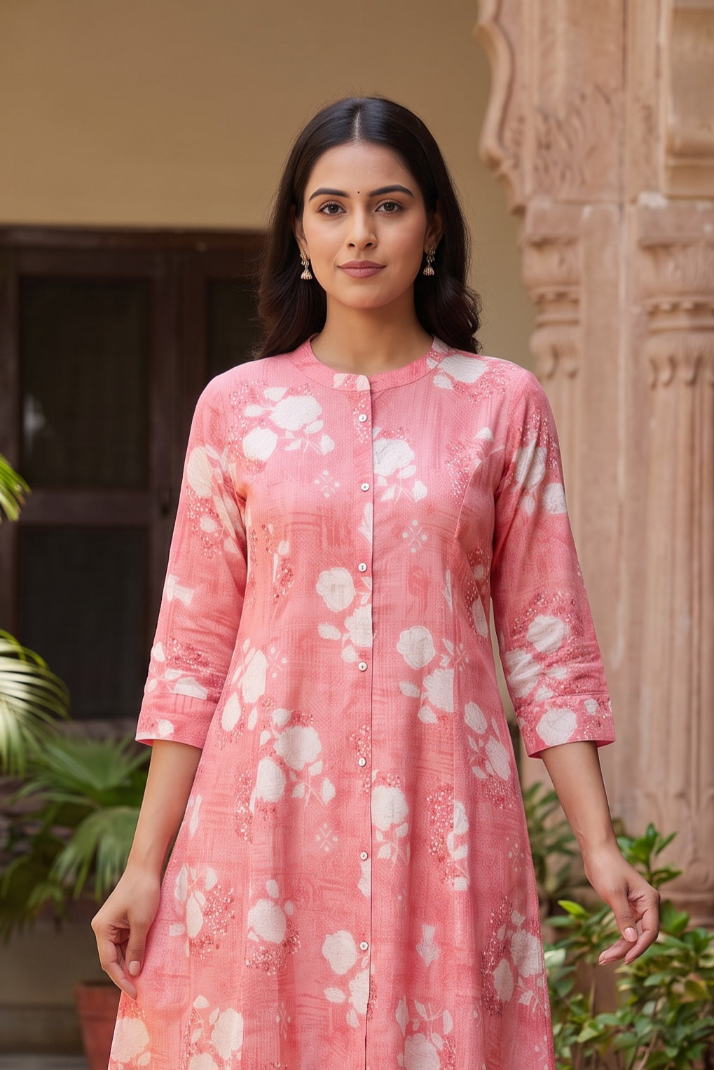 Pink Floral Print A-Line Kurta