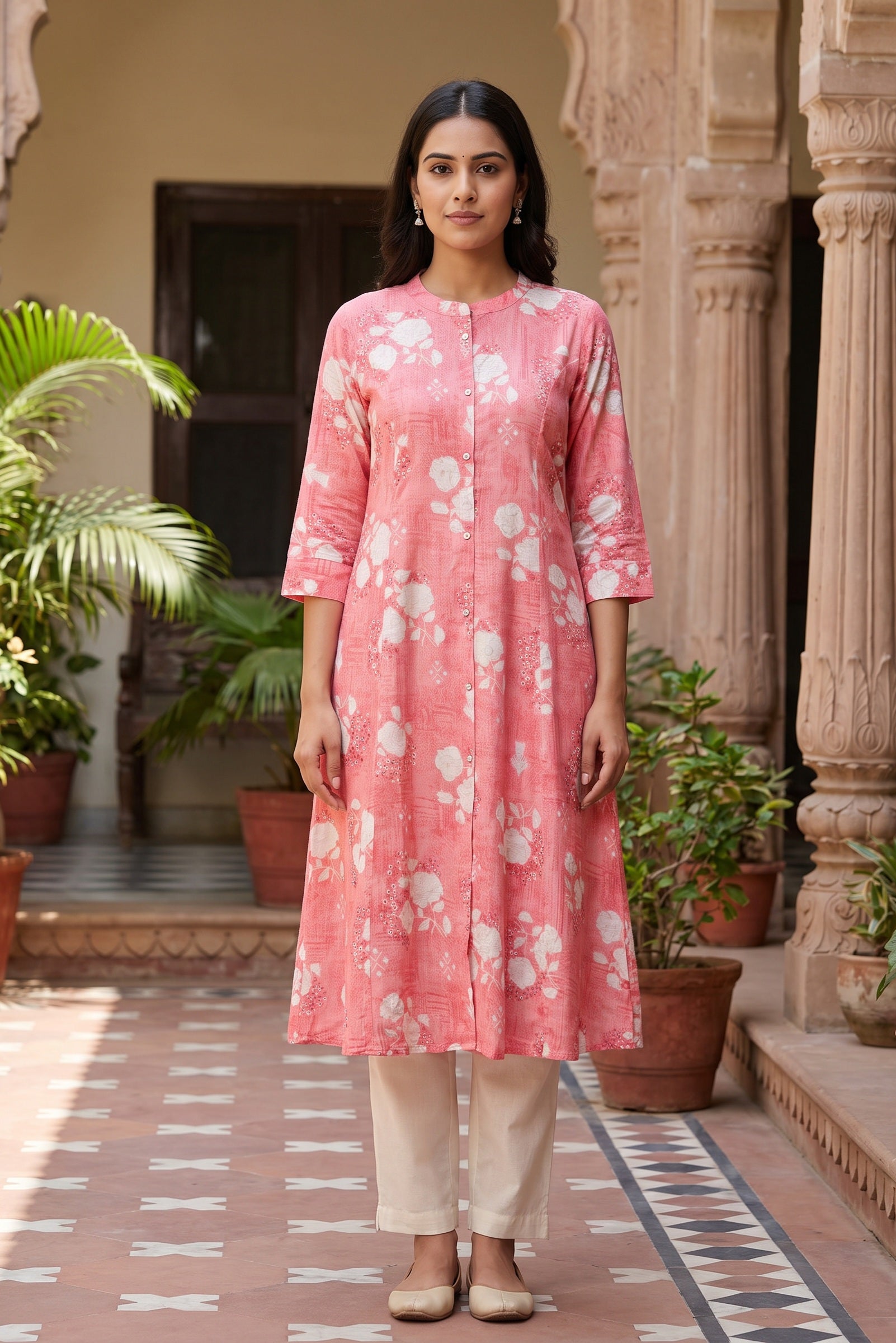 Pink Floral Print A-Line Kurta
