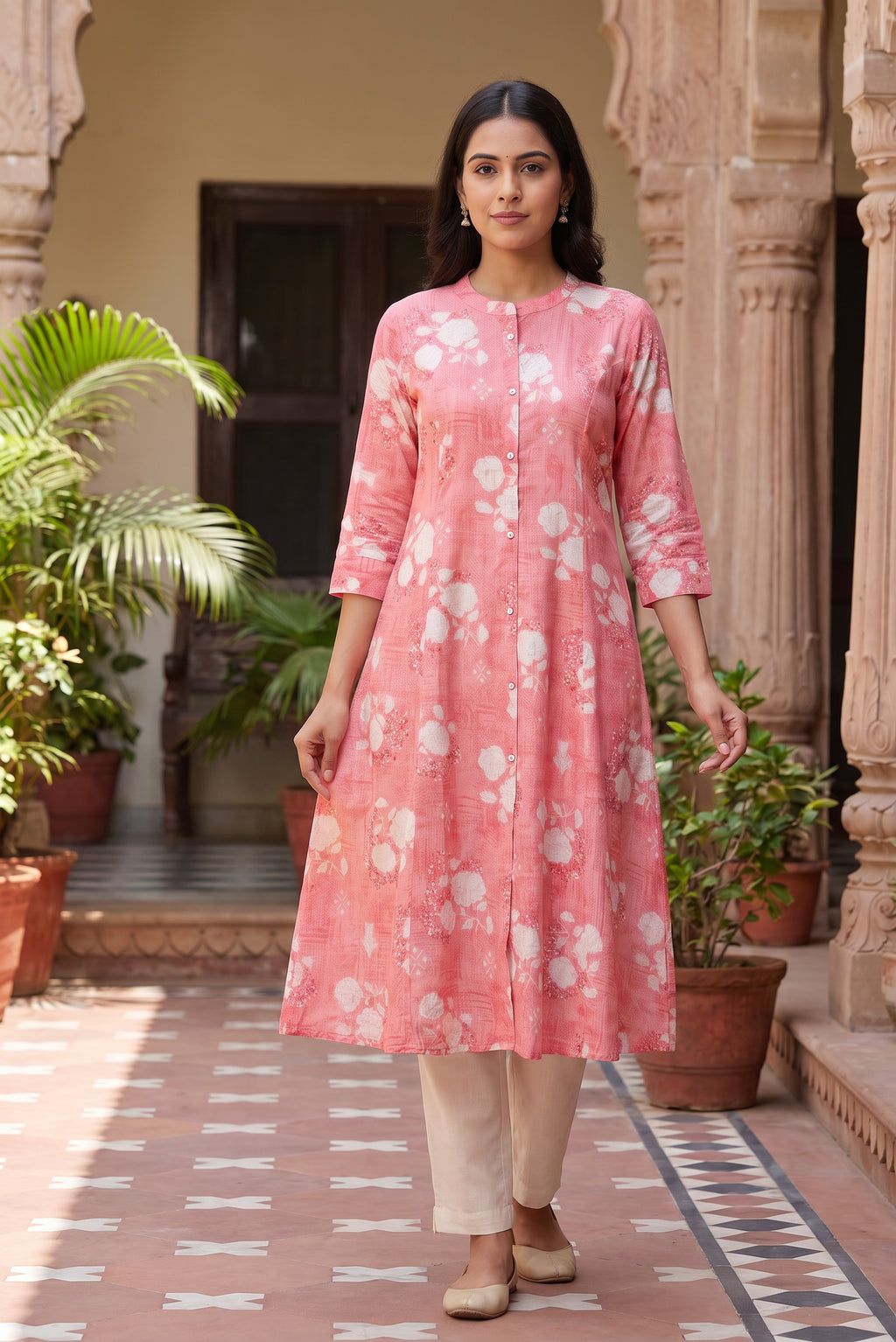 Pink Floral Print A-Line Kurta