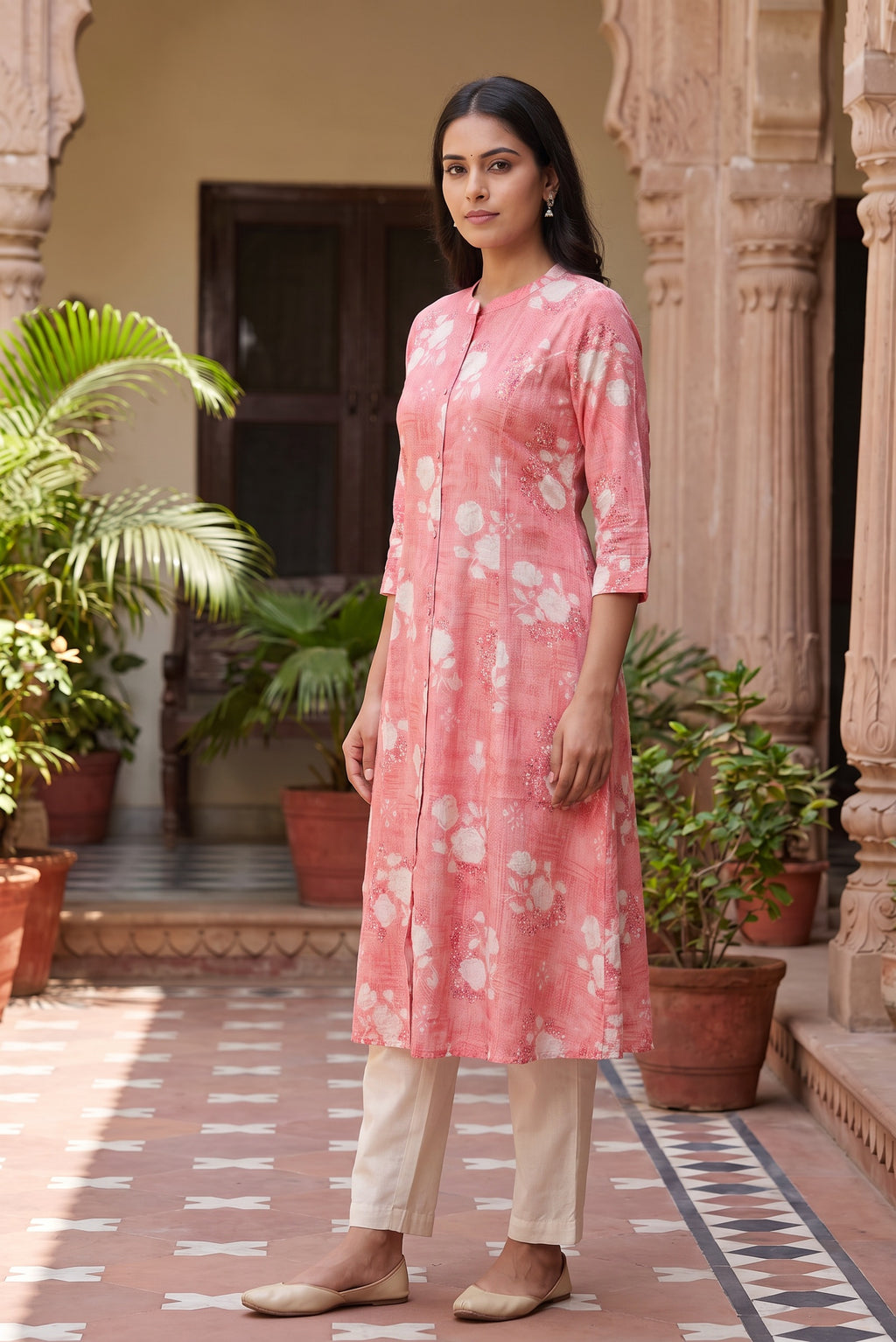 Pink Floral Print A-Line Kurta