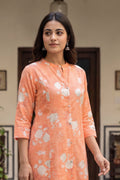 Orange Floral Print A-Line Kurta