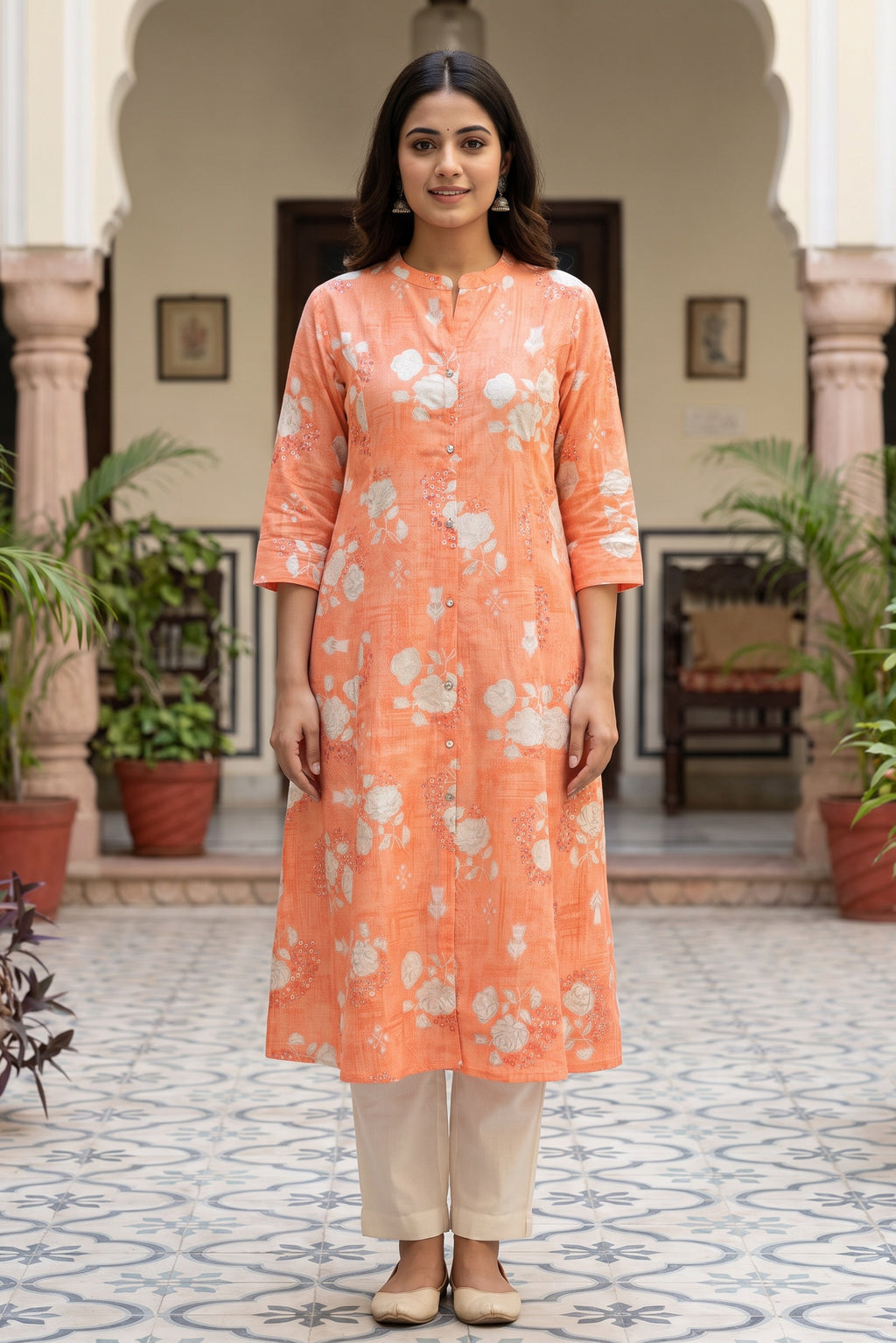 Orange Floral Print A-Line Kurta