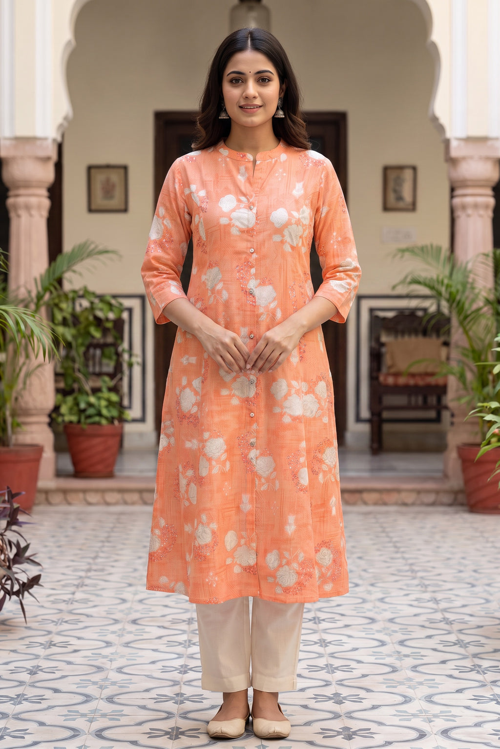 Orange Floral Print A-Line Kurta