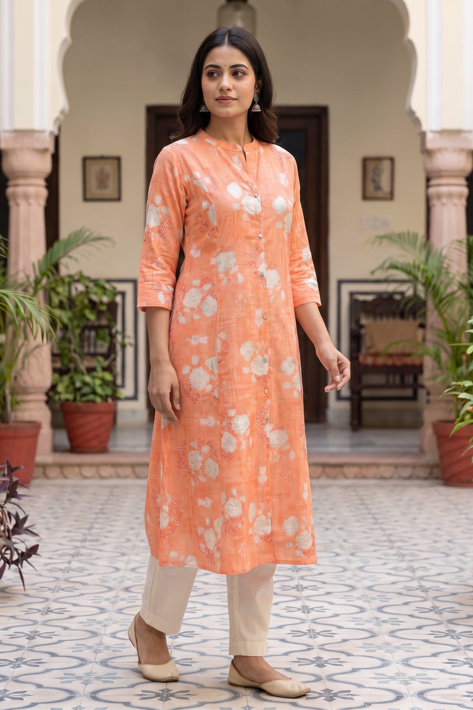 Orange Floral Print A-Line Kurta