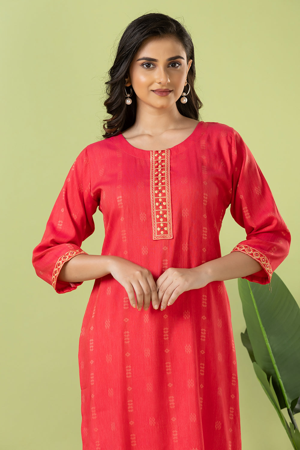 Pink Embroidered Self-Design Rayon Kurta
