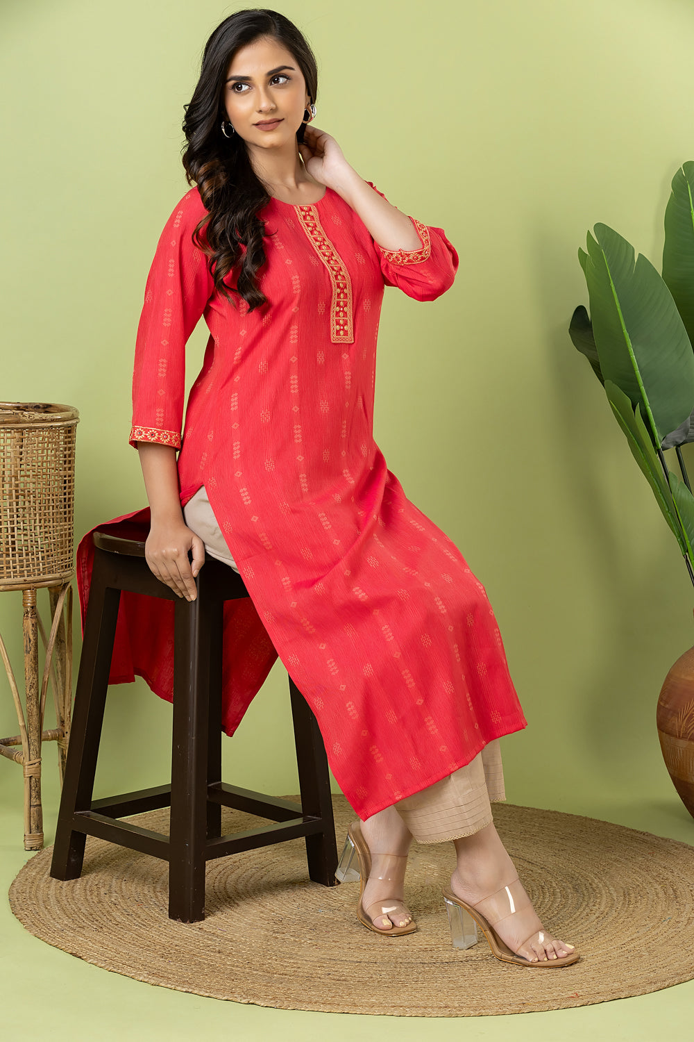 Pink Embroidered Self-Design Rayon Kurta