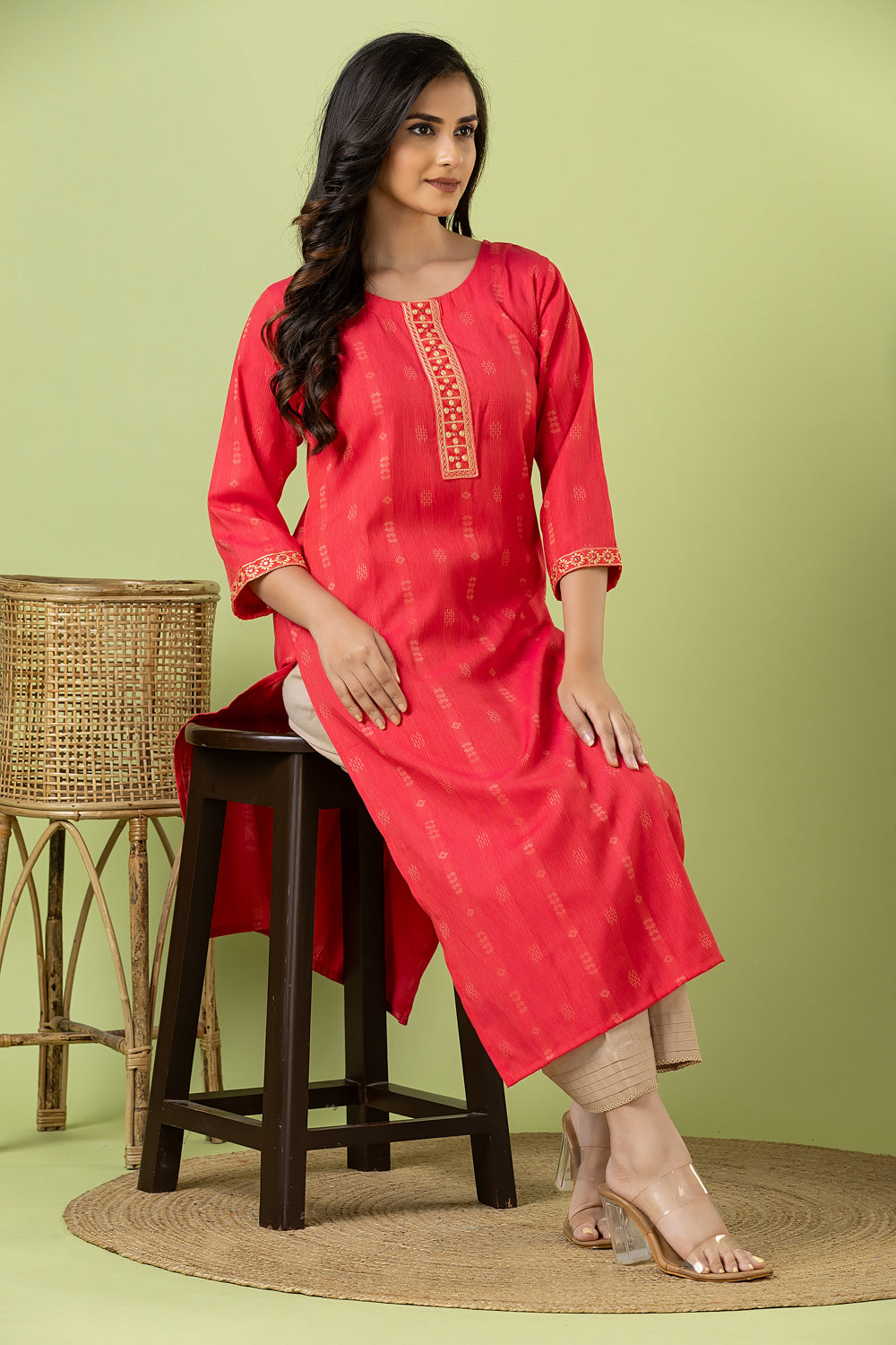 Pink Embroidered Self-Design Rayon Kurta