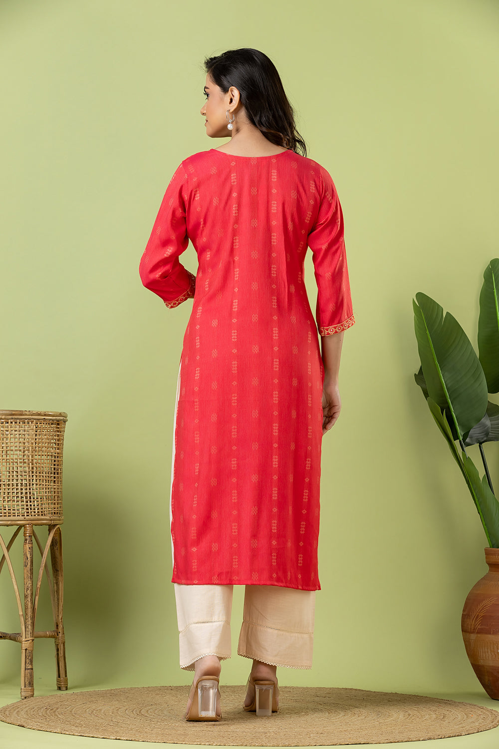 Pink Embroidered Self-Design Rayon Kurta