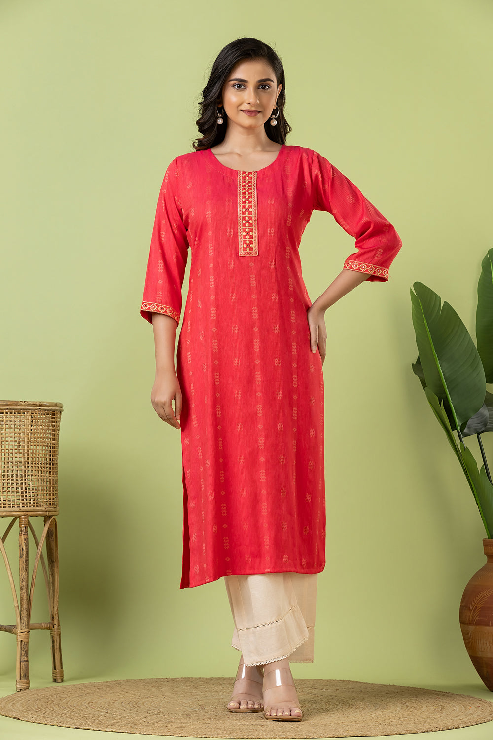 Pink Embroidered Self-Design Rayon Kurta