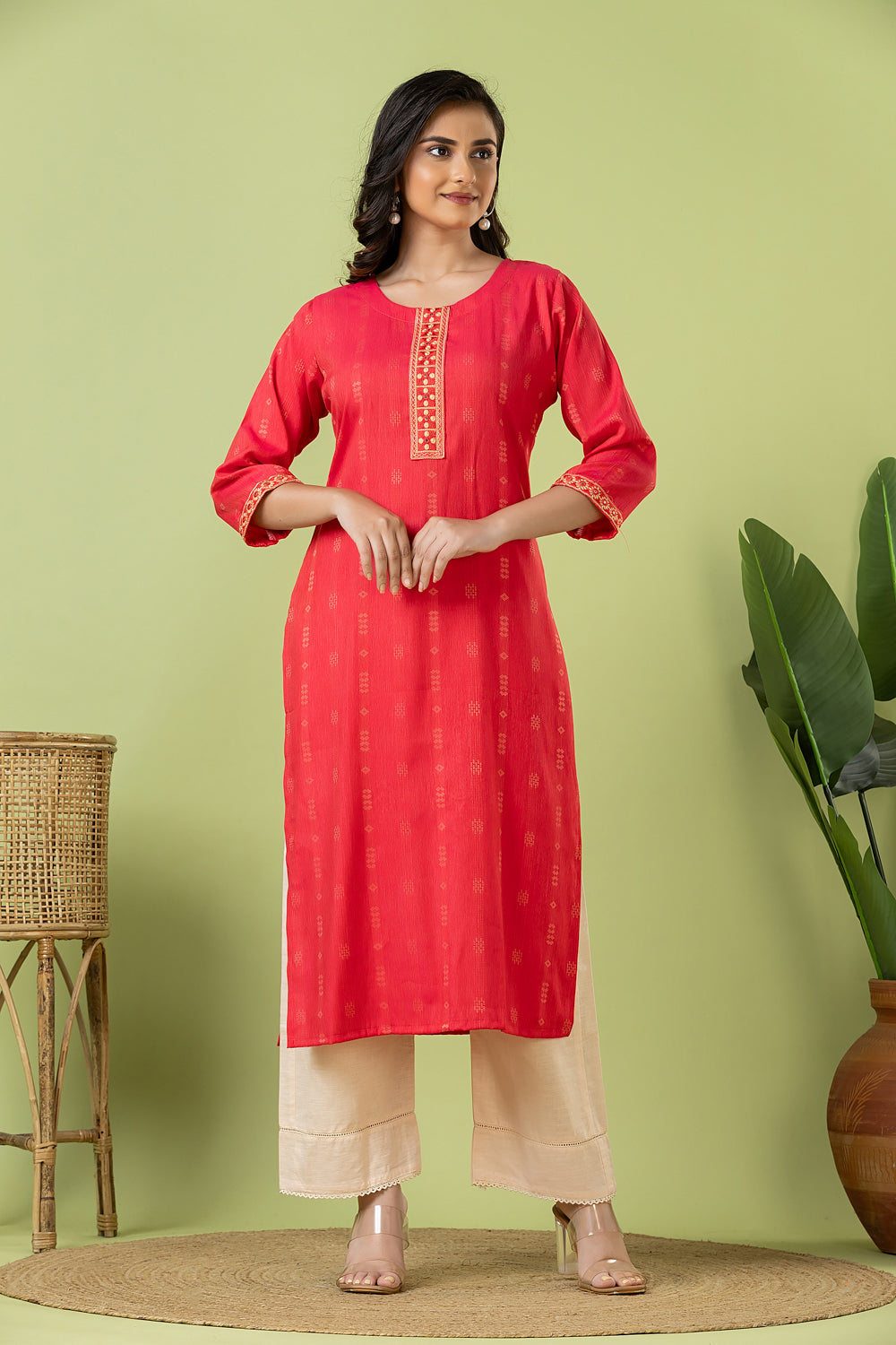 Pink Embroidered Self-Design Rayon Kurta