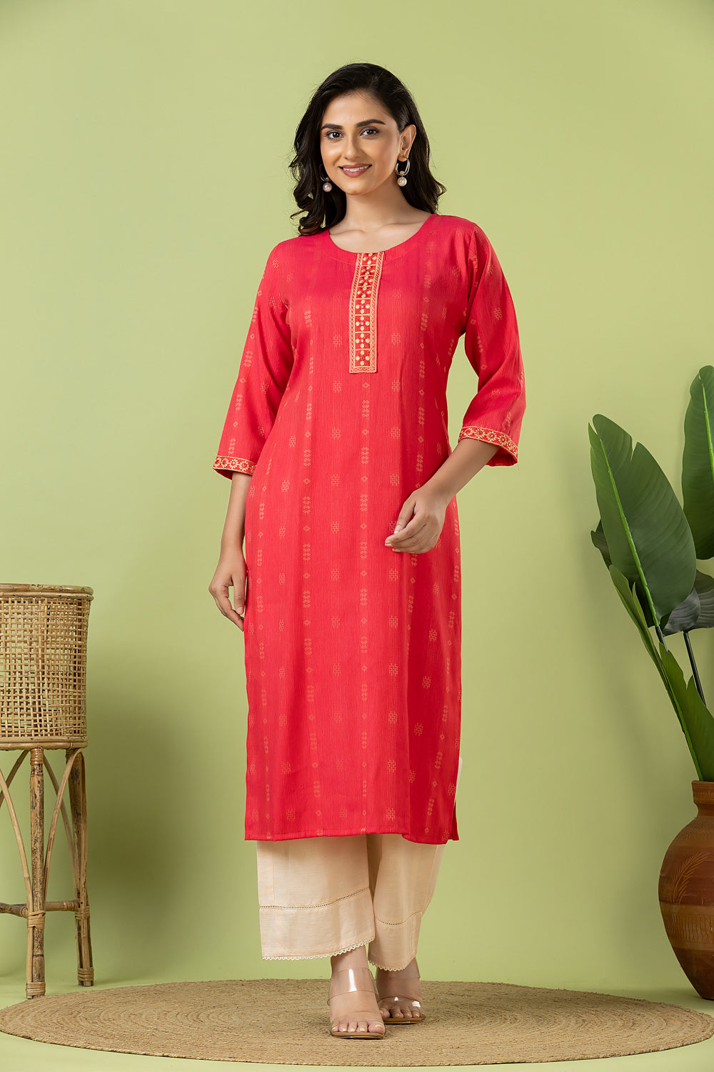 Pink Embroidered Self-Design Rayon Kurta