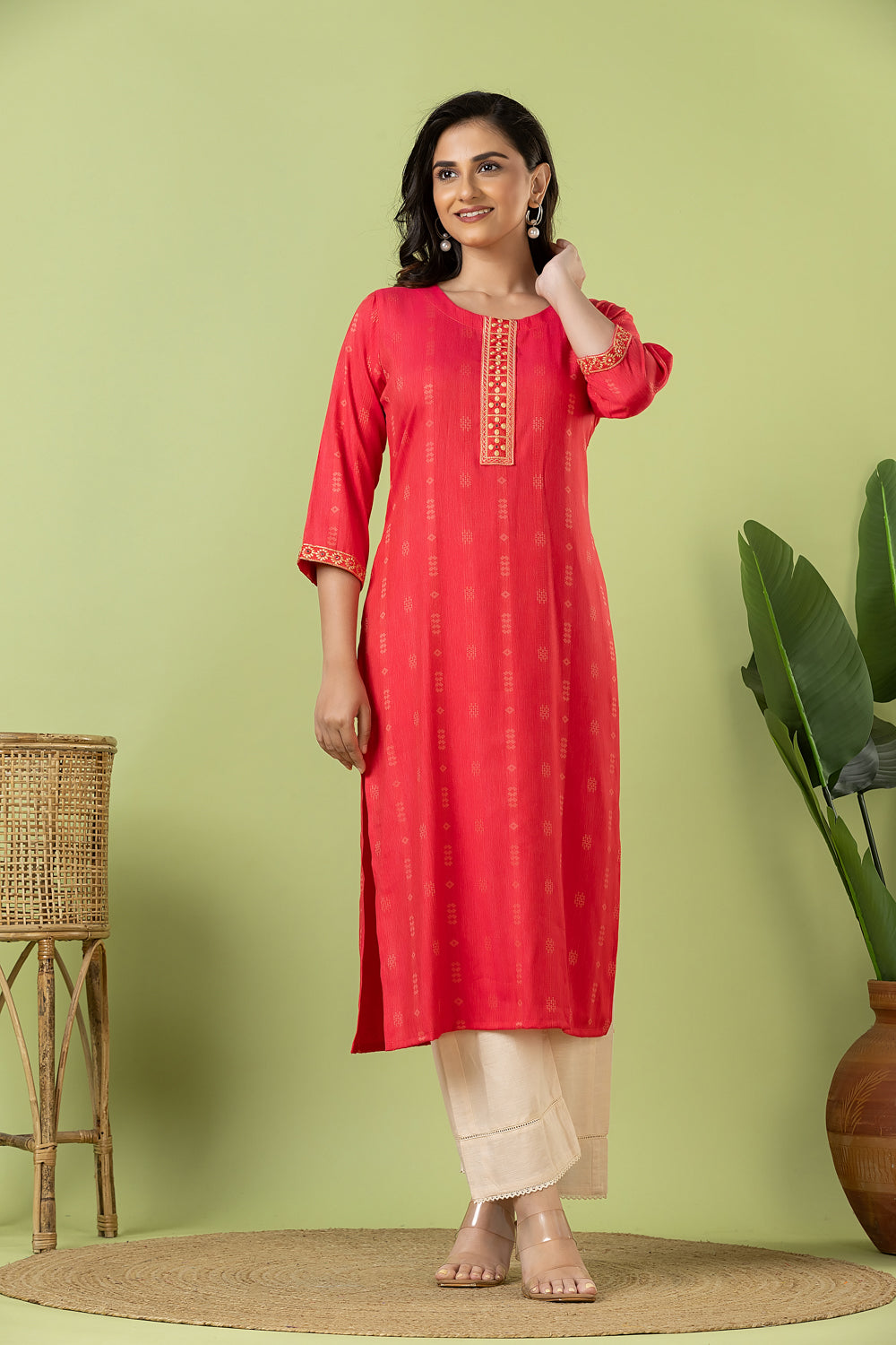 Pink Embroidered Self-Design Rayon Kurta