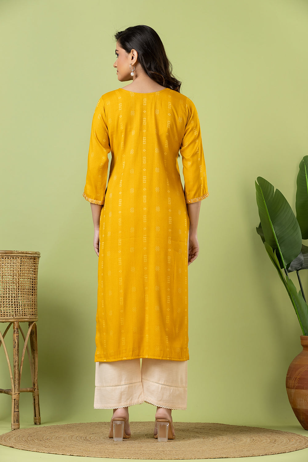 Mustard Yellow Embroidered Self-Design Rayon Kurta