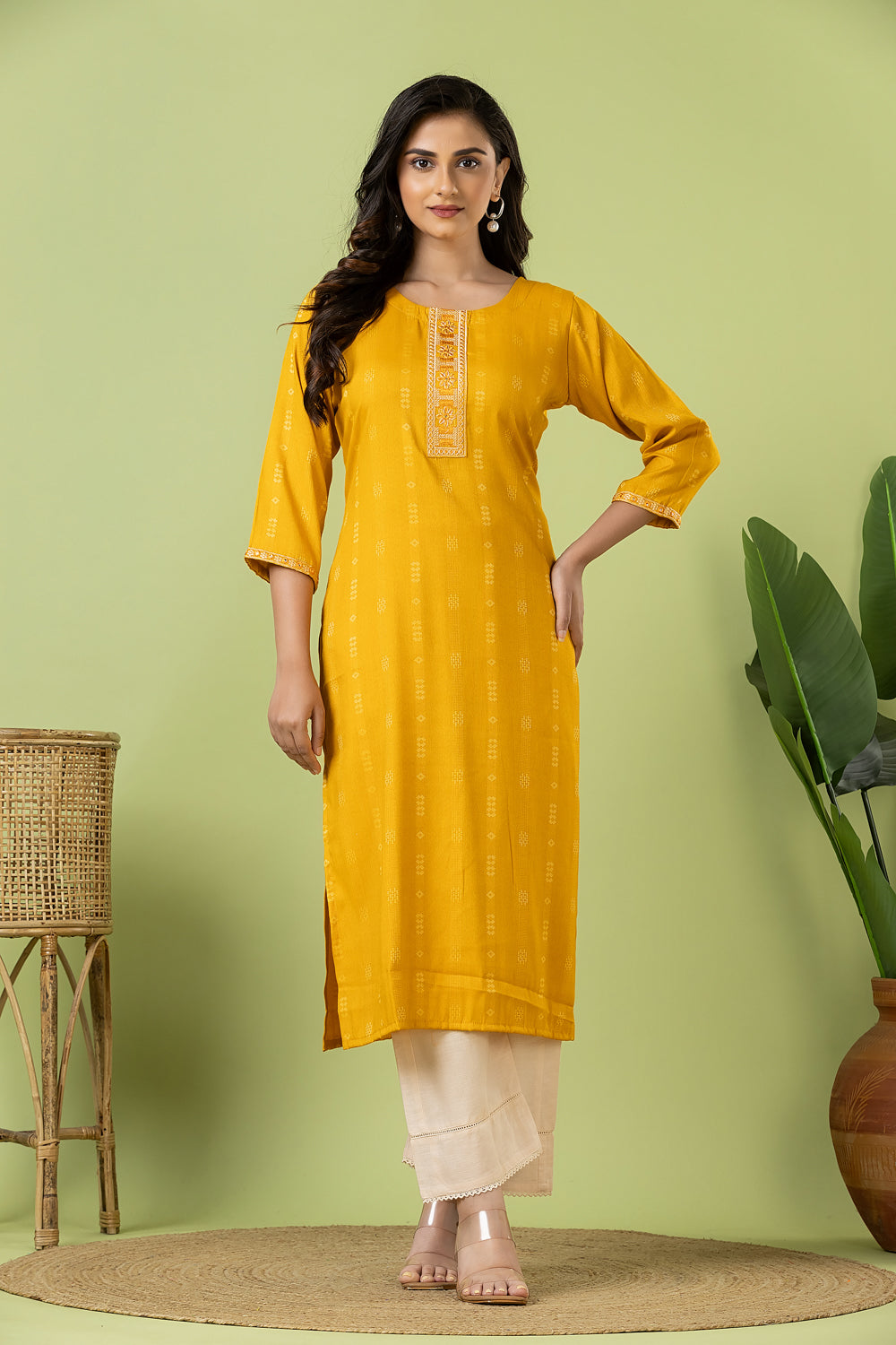 Mustard Yellow Embroidered Self-Design Rayon Kurta