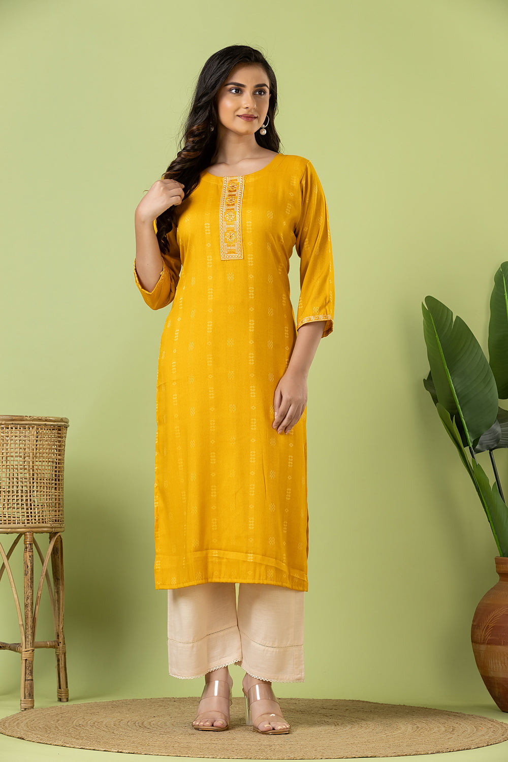 Mustard Yellow Embroidered Self-Design Rayon Kurta